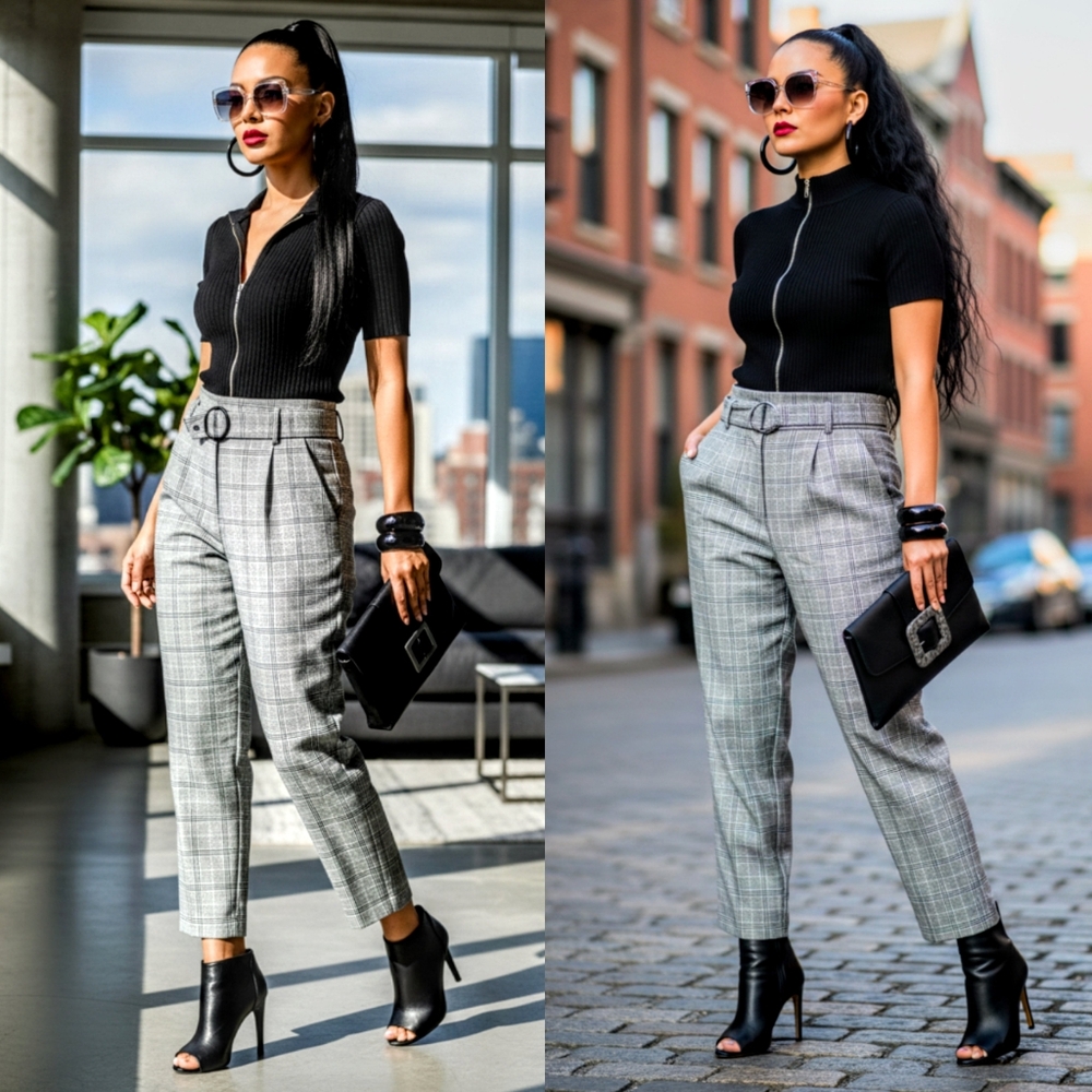 Topshop Black Ribbed Zip Top with Gray Plaid Ankle Pants - Picture 1 of 4